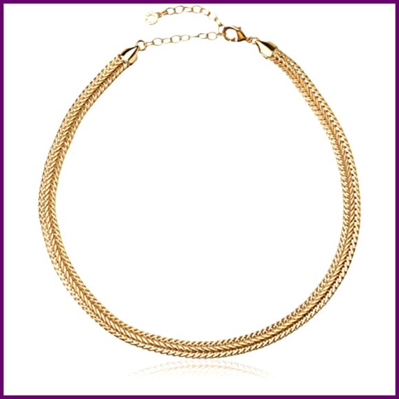 Gold-Tone Flat Chain Necklace 17" Lobster Clasp Herringbone Collar - Picture 2 of 7